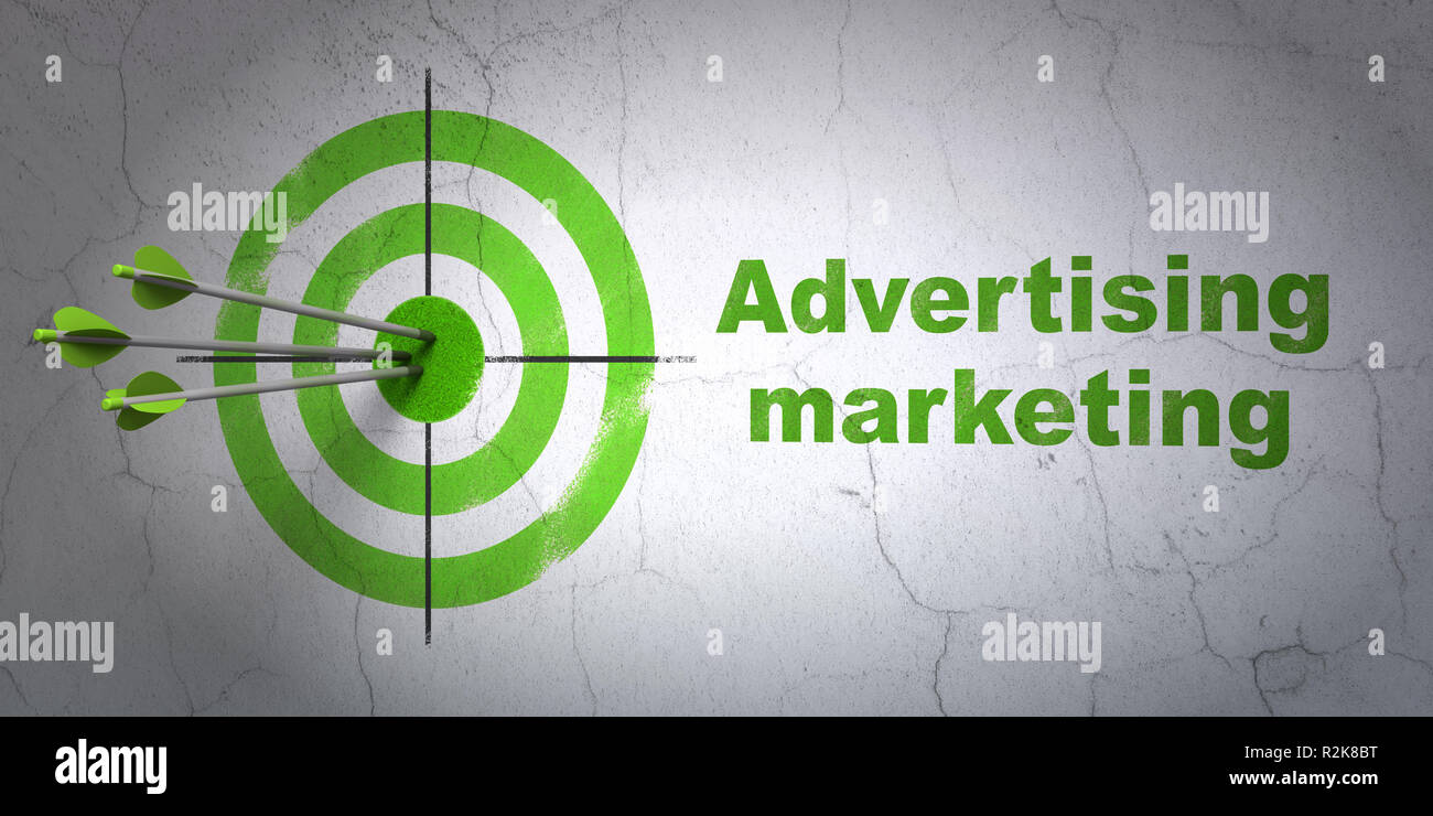 Il concetto di business: target e Pubblicità Marketing su sfondo a parete Foto Stock