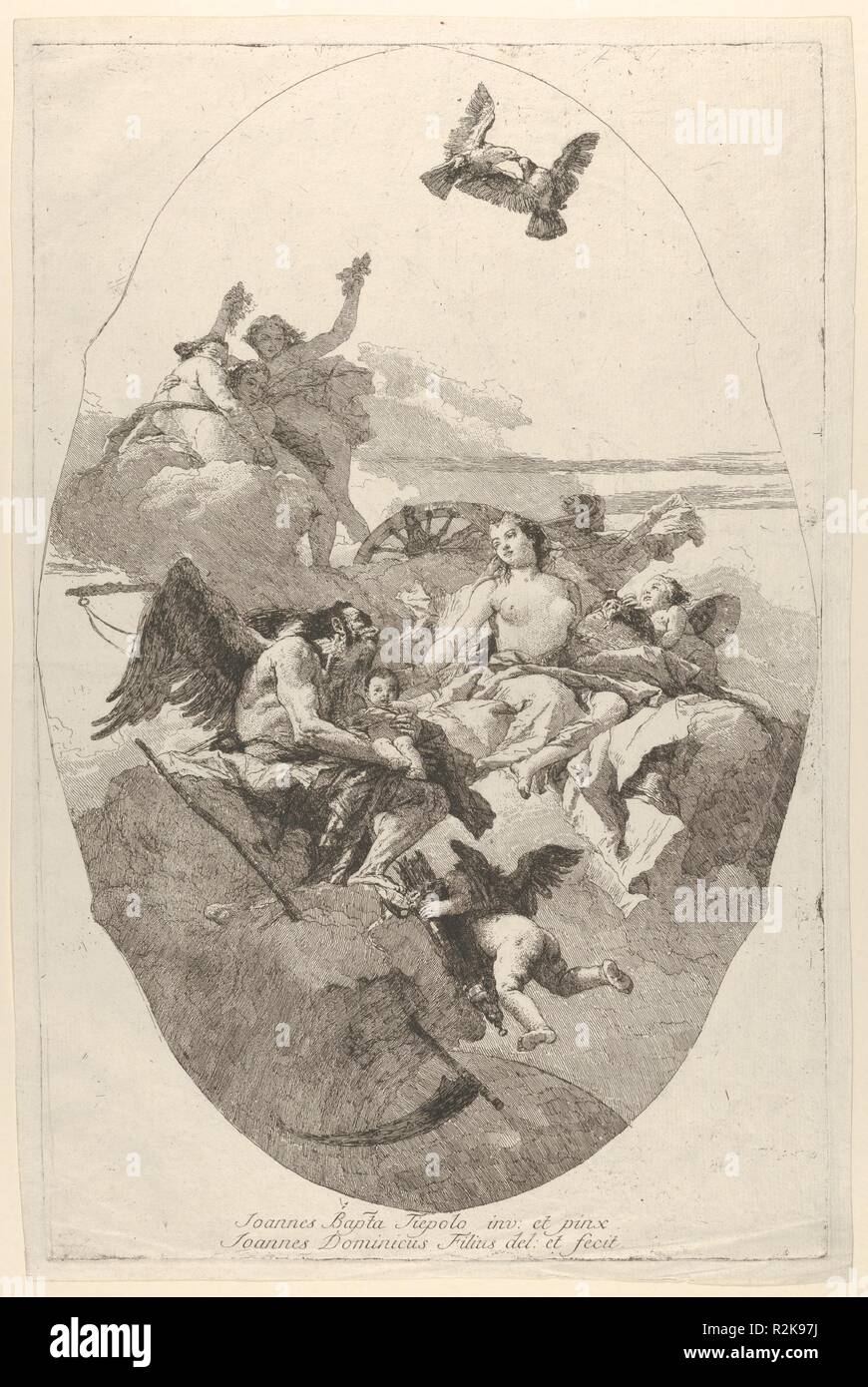 Venere affidando Cupido a tempo. Artista: Giovanni Domenico Tiepolo (Italiano, 1727-1804 Venezia Venezia); dopo Giovanni Battista Tiepolo (italiano, Venezia 1696-1770 Madrid). Dimensioni: Piastra: 17 13/16 × 11 7/8 in. (45,2 × 30,1 cm) foglio: 18 7/16 x 12 1/16 in. (46,8 x 30,6 cm). Data: dopo il 1758. Questa composizione celebra la nascita di un bambino, a cui affida Venere di Saturno nel suo ruolo come Padre Tempo. Le Grazie di cospargere le rose e le colombe che disegnare Venere bacio chariot overhead. Il bambino era una volta identificati come cupido, eppure la sua mancanza di ali e la presenza al di sotto di lui un bambino alato con un Foto Stock