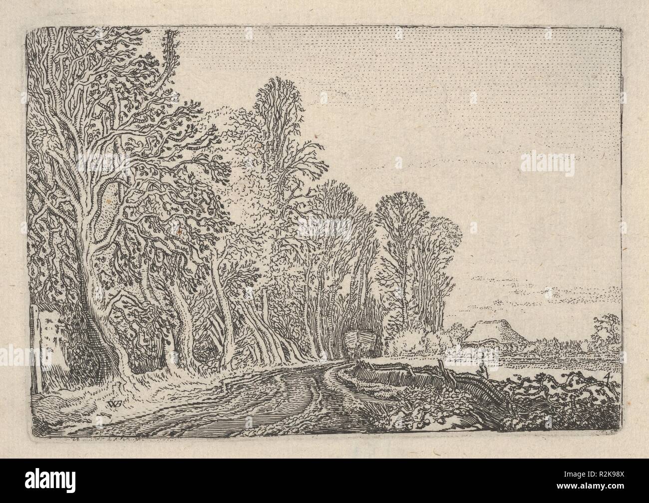 La strada in corrispondenza del bordo della foresta, da Verscheyden Landtschapjes (vari paesaggi), piastra 4. Artista: Willem Pietersz. Buytewech (Olandese, 1591-1624). Dimensioni: foglio: 4 1/16 x 5 5/8 in. (10,3 × 14,3 cm) Piastra: 3 7/16 x 5 1/16 in. (8,8 x 12,8 cm). Editore: Claes Jansz. Visscher (Olandese, 1586-1652 Amsterdam Amsterdam). Data: ca. 1616-17. Museo: Metropolitan Museum of Art di New York, Stati Uniti d'America. Foto Stock