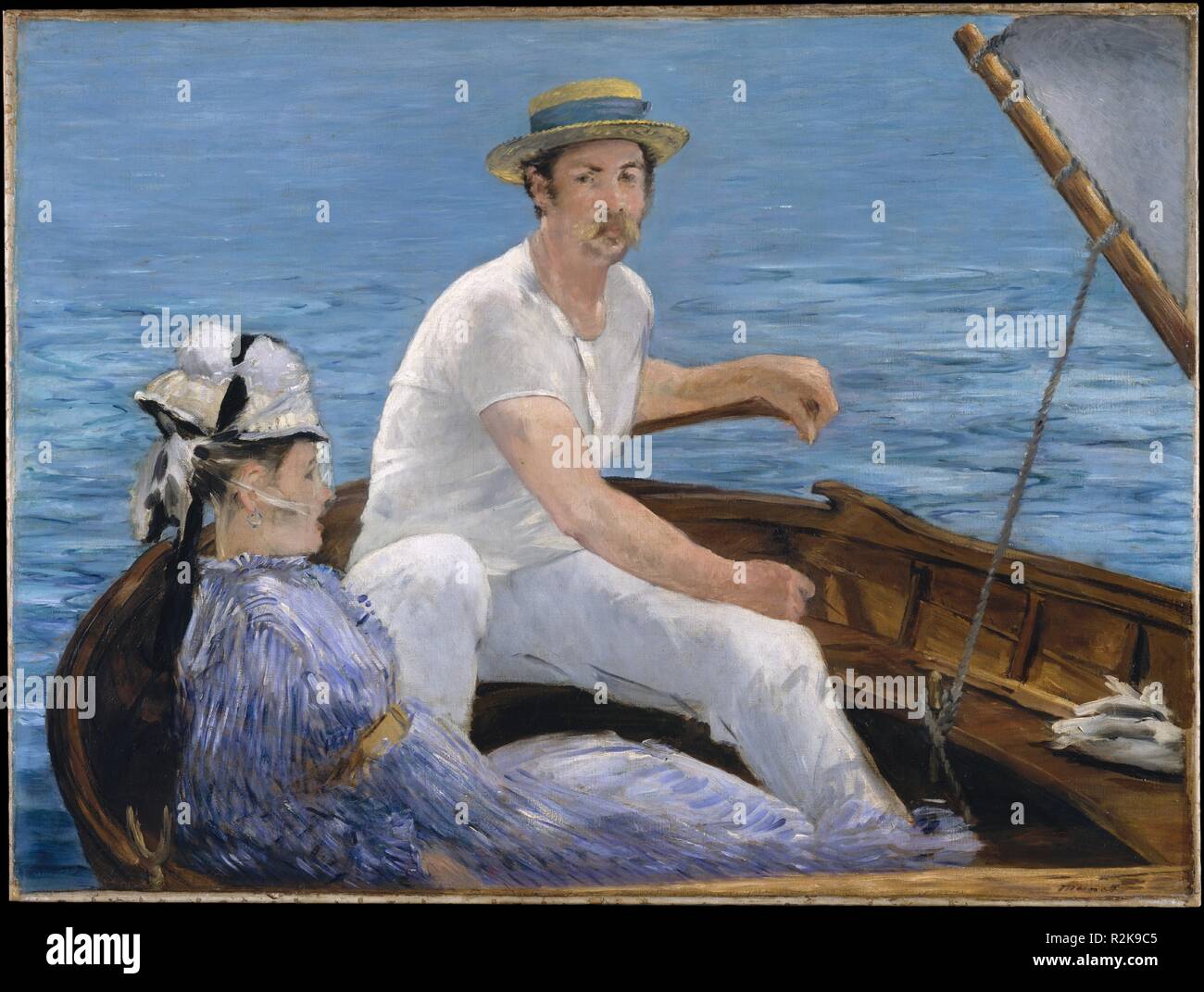 La nautica. Artista: Édouard Manet (francese, Parigi Parigi 1832-1883). Dimensioni: 38 1/4 x 51 1/4 in. (97,2 x 130,2 cm). Data: 1874. Manet summered a Gennevilliers nel 1874, spesso trascorrendo del tempo con Monet e Renoir attraverso la Senna a Argenteuil, dove <i>barca</i> è stata dipinta. Al di là di adottare il tocco più leggero e la tavolozza dei colori dei suoi più giovani colleghi impressionista, Manet sfrutta i grandi piani di colori e di forte diagonali delle stampe giapponesi per dare forma inimitabile di questa scena del tempo libero. Rodolphe Leenhoff, l'artista cognato, è pensato per avere posto per il marinaio ma il Foto Stock