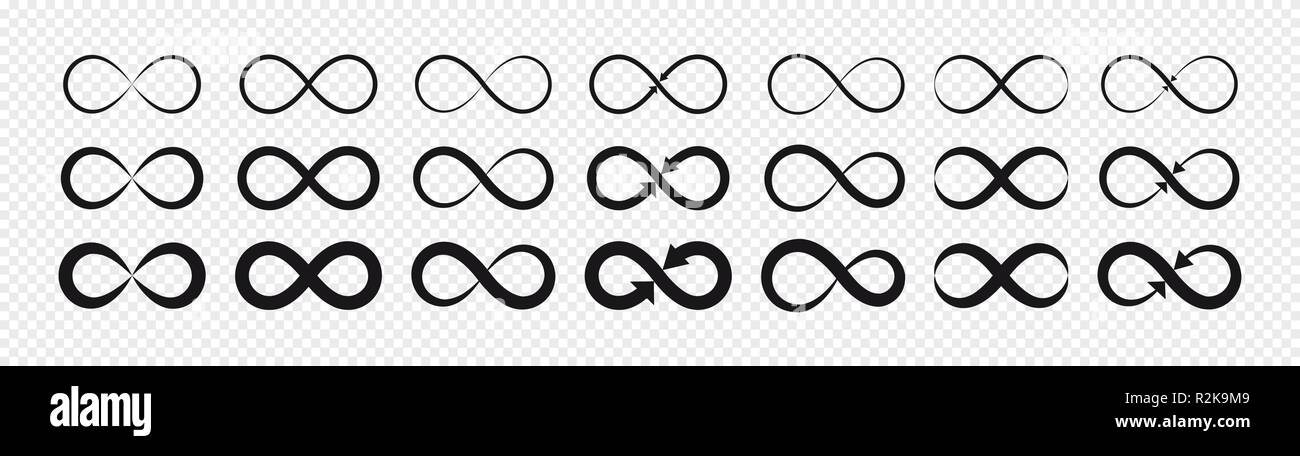 Set di infinito nero simboli e segni silhouette. Isolato su sfondo trasparente. Illustrazione Vettoriale