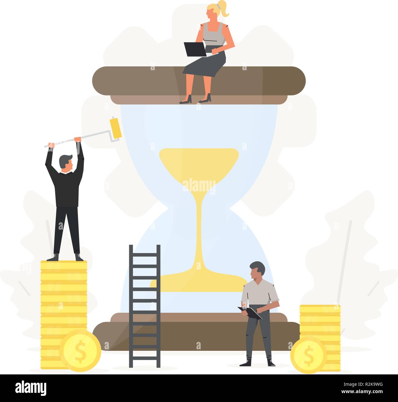 Tempo di business management illustrazione. Le persone a risparmiare e investire vait. Grande clessidra con piccoli imprenditori intorno ad esso. Concetto di successo, campione, vittoria, clessidra Illustrazione Vettoriale