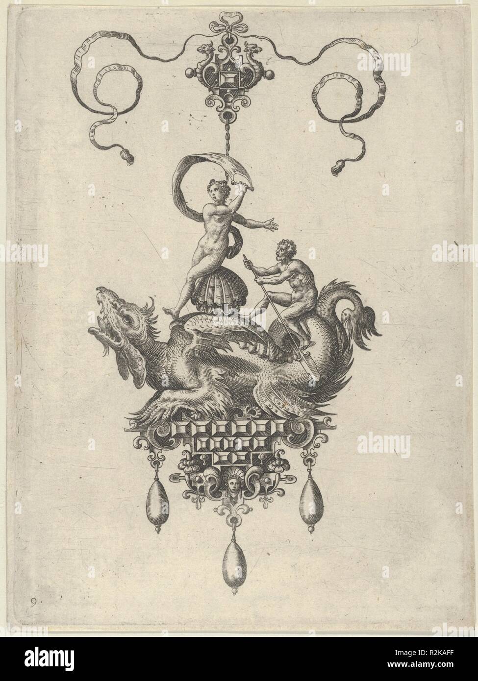 Il design del telecomando con un alato mostro del mare che porta Venere Anadyomene su uno scafo e un uomo con un remo. Artista: Adriaen Collaert (Netherlandish, Antwerp ca. 1560-1618 Anversa); dopo un design by Jan Collaert I (Netherlandish, Antwerp ca. 1530-1581 Anversa). Dimensioni: foglio: 6 15/16 × 5 3/16 in. (17,7 × 13,2 cm). Editore: pubblicato da Philips Galle (Netherlandish, Haarlem 1537-1612 Anversa) , ad Anversa. Serie/Portfolio: Progetta per ciondoli II. Data: 1582. Pannello verticale con un pendente a forma di mostro marino che trasportano Nettuno, chi è seduto su una shell e mantiene una vela nel suo diritto han Foto Stock