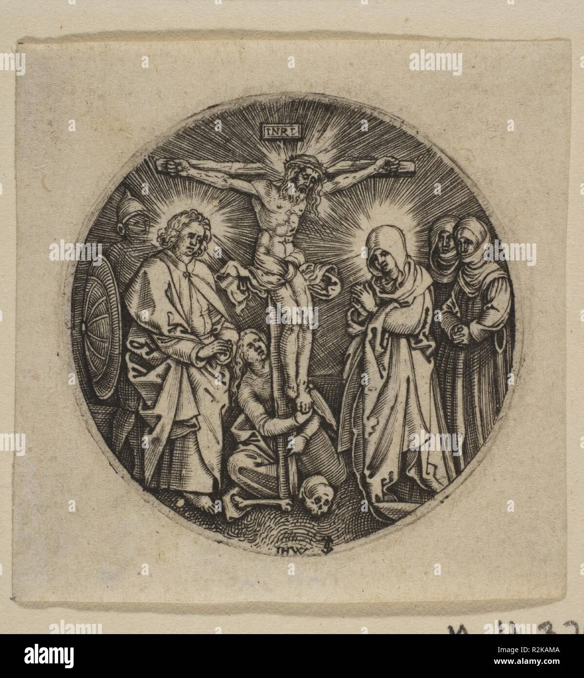 La Crocifissione (rotondo) (copy). Artista: Dopo Albrecht Dürer (Tedesco, 1471-1528 Norimberga Norimberga); Jan (Johannes) Wierix (Netherlandish, Anversa 1549-1615 Bruxelles). Dimensioni: foglio: 1 3/4 x 1 3/4 in. (4,5 × 4,5 cm). Data: n.d.. Museo: Metropolitan Museum of Art di New York, Stati Uniti d'America. Autore: Dopo Albrecht Dürer. Jan (Johannes) Wierix. Anonimo, tedesco, del XVI secolo. Hieronymus WIERIX e Antonie Wierix dopo Albrecht Dürer. Foto Stock