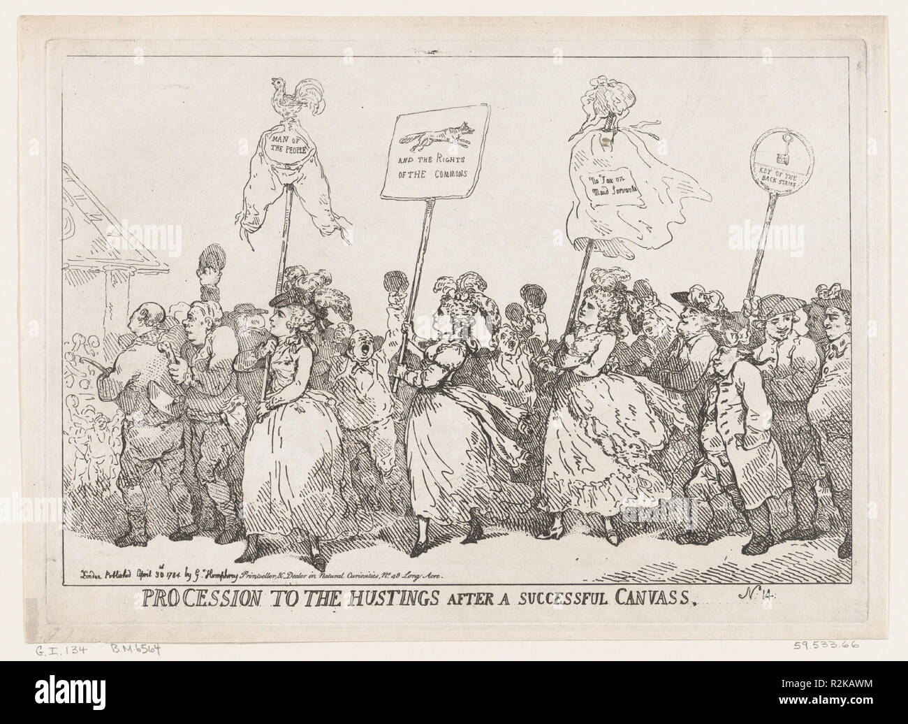 Processione a Hustings dopo il successo della tela. Artista: Thomas Rowlandson (British, Londra Londra 1757-1827). Dimensioni: foglio: 10 1/2 × 14 3/8 in. (26,6 × 36,5 cm) Piastra: 9 3/4 × 13 11/16 in. (24,8 × 34,8 cm). Pubblicato in: Londra. Editore: William Humphrey (British, 1742?-prima del 1814). Oggetto: Charles James Fox (British, 1749-1806); George il Principe del Galles (British, Londra 1762-1830 Windsor); Georgiana Cavendish, duchessa di Devonshire (British, Wimbledon, Surrey 1757-1806 Devonshire); Henrietta Ponsonby, contessa di Bessborough (British, Wimbleton, Surrey 1761-1821 Firenze). Data Foto Stock