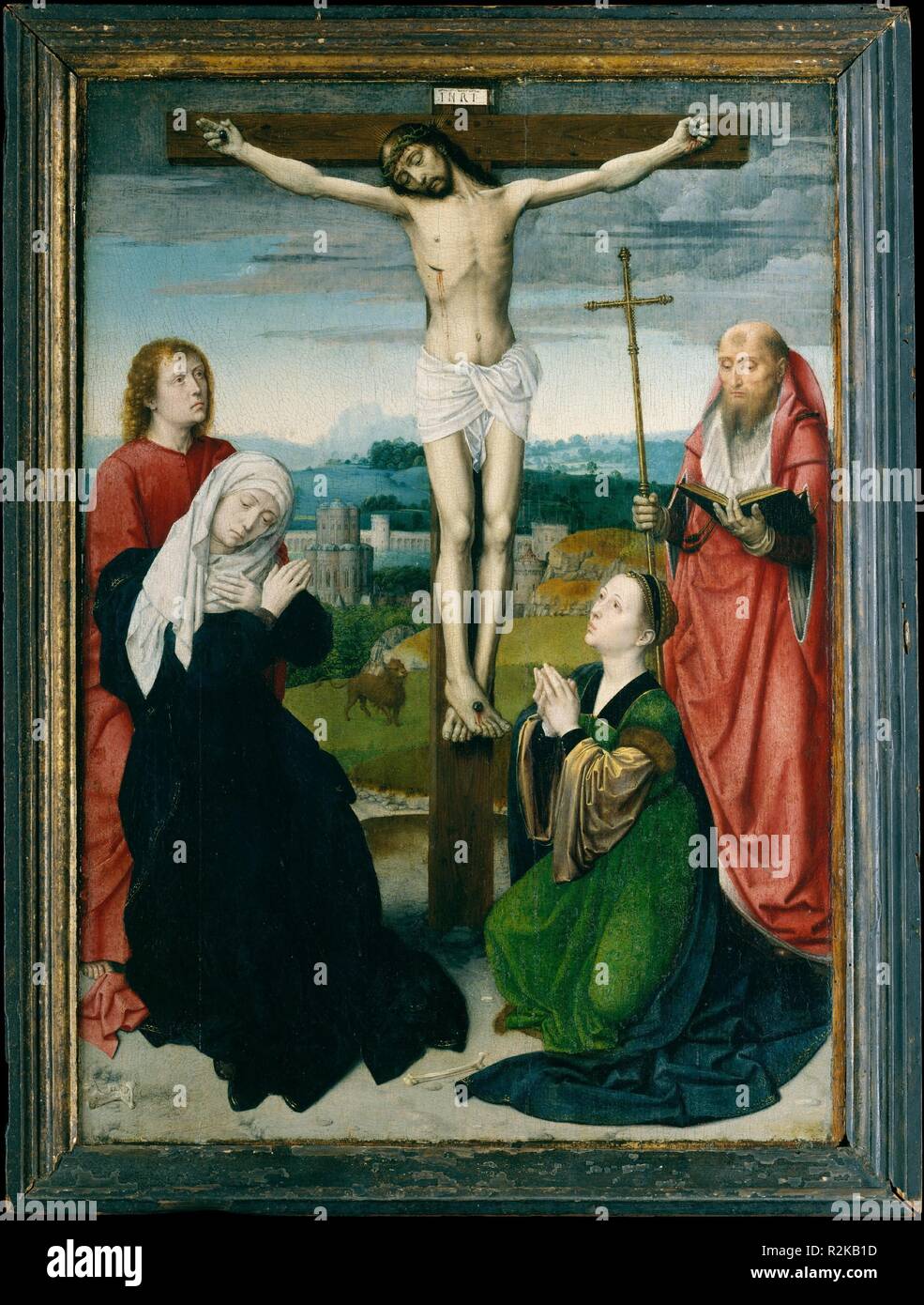 La crocifissione. Artista: Gerard David (Netherlandish, Oudewater ca. 1455-1523 Bruges). Dimensioni: complessivamente 21 x 15 in. (53,3 x 38,1 cm); superficie dipinta 20 5/8 x 14 3/4 in. (52,5 x 37,5 cm). Data: ca. 1495. In questa immagine di struggente, la Crocifissione è presentata come una emanazione della parola scritta a causa della inclusione di San Girolamo. Il Padre della Chiesa è mostrato come un po' staccata dal caso a portata di mano, apparentemente la lettura su di esso dalla sua traduzione della Bibbia. Vero per il conto dei Vangeli, David ha fornito un adeguato senso del tempo e dello spazio. Il cielo si è oscurato al momento o Foto Stock La crocifissione. Artista: Gerard David (Netherlandish, Oudewater ca. 1455-1523 Bruges). Dimensioni: complessivamente 21 x 15 in. (53,3 x 38,1 cm); superficie dipinta 20 5/8 x 14 3/4 in. (52,5 x 37,5 cm). Data: ca. 1495. In questa immagine di struggente, la Crocifissione è presentata come una emanazione della parola scritta a causa della inclusione di San Girolamo. Il Padre della Chiesa è mostrato come un po' staccata dal caso a portata di mano, apparentemente la lettura su di esso dalla sua traduzione della Bibbia. Vero per il conto dei Vangeli, David ha fornito un adeguato senso del tempo e dello spazio. Il cielo si è oscurato al momento o Foto Stock
