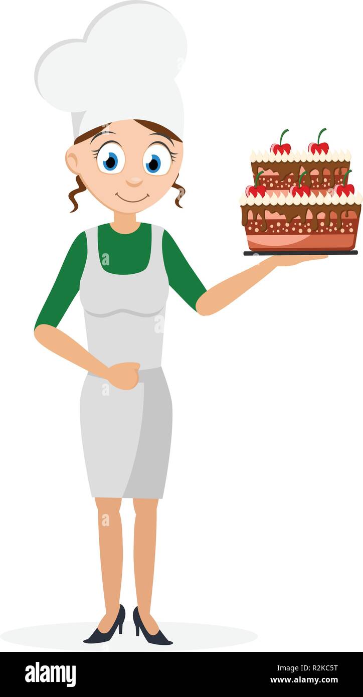 Cuocere ragazza con una bella torta in mano. Su sfondo bianco. Illustrazione Vettoriale