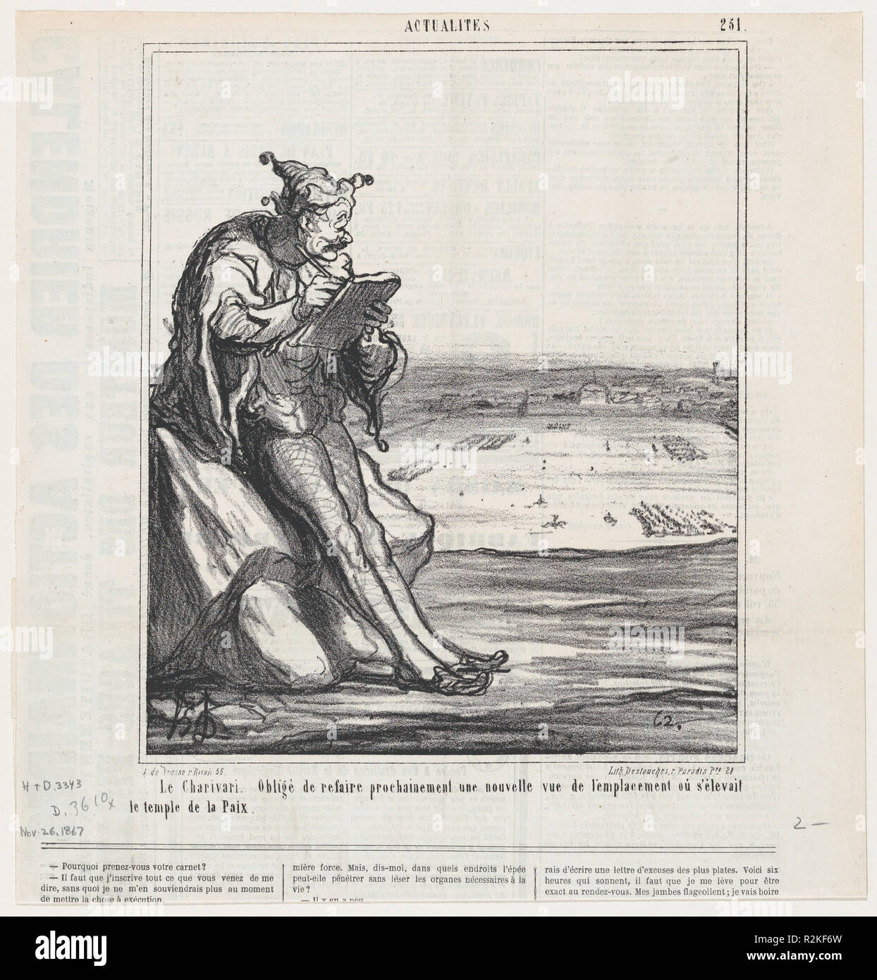 La Charivari. Costretto a disegnare una nuova mappa di un'area ora utilizzato per le manovre, che ha usato per essere la posizione del "Tempio della Pace,' da 'Notizie del giorno", pubblicato in Le Charivari, 26 novembre 1867. Artista: Honoré Daumier (francese, Marsiglia 1808-1879 Valmondois). Dimensioni: Immagine: 9 5/8 x 8 1/8 in. (24,5 × 20,6 cm) foglio: 12 1/8 × 11 5/8 in. (30,8 × 29,6 cm). Stampante: Destouches (Parigi). Editore: Arnaud de Vresse. Serie/Portfolio: 'Notizie del giorno" (Actualités). Data: Novembre 26, 1867. Museo: Metropolitan Museum of Art di New York, Stati Uniti d'America. Foto Stock