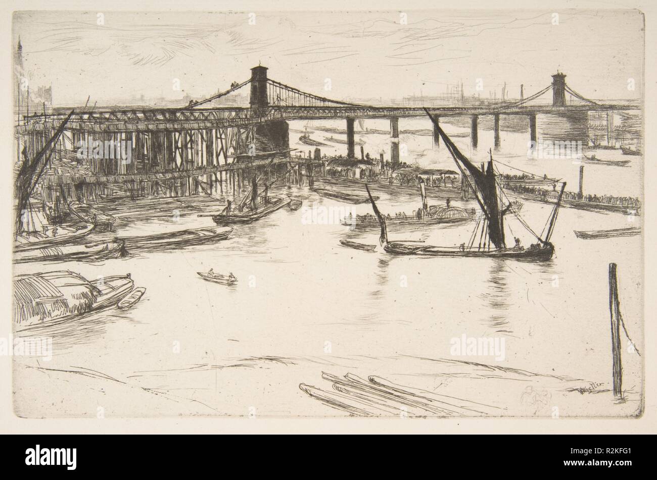 Il vecchio ponte a Hungerford. Artista: James McNeill Whistler (American, Lowell Massachusetts 1834-1903 Londra). Dimensioni: piastra: 5 3/8 x 8 1/4 in. (13,7 x 21 cm) foglio: 8 1/4 x 12 5/8 in. (21 x 32,1 cm). Serie/Portfolio: Thames Set ("Una serie di sedici incisioni di scene del Tamigi e altri soggetti" 1871). Data: 1861. Museo: Metropolitan Museum of Art di New York, Stati Uniti d'America. Foto Stock