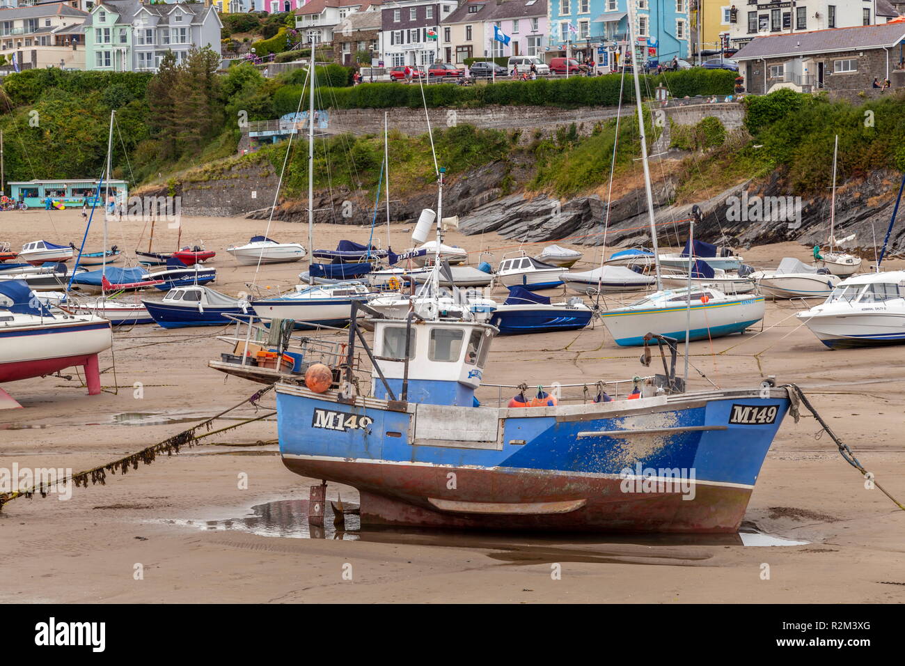 Un astice peschereccio si siede sulla sabbia con la bassa marea, New Quay, Galles Ceredigion Foto Stock