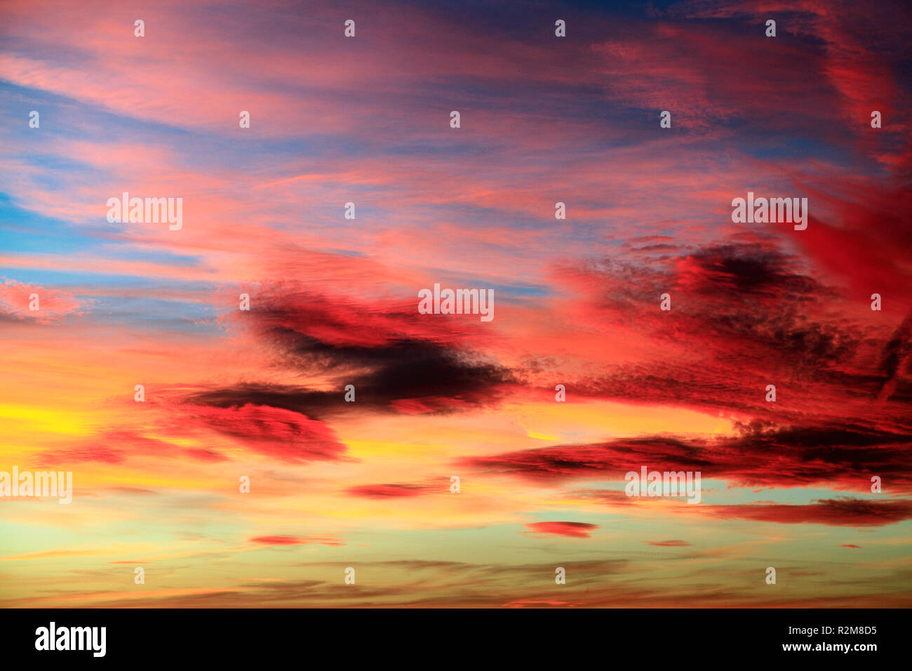 Rosso, arancione, rosa, giallo, blu cielo, dopo il tramonto, multi colore, colori, cieli, impostazione del sole, sera, dopo il tramonto, Foto Stock
