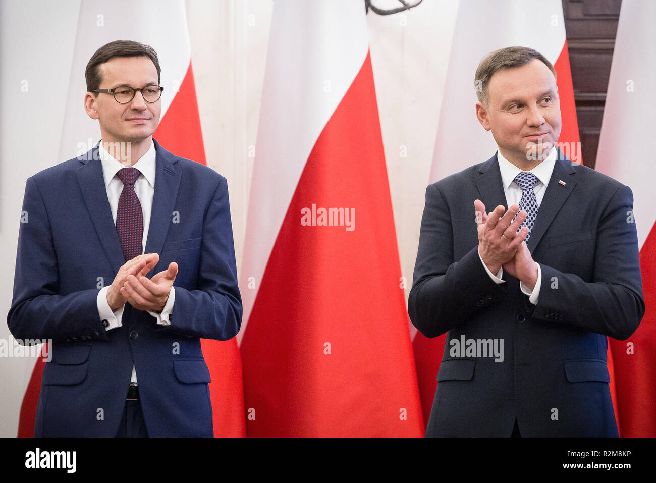 Primo ministro della Polonia Mateusz Morawiecki e Presidente della Polonia Andrzej Duda durante la cerimonia della nomina di nuovi membri del dialogo sociale consiglio al Palazzo Presidenziale a Varsavia in Polonia il 07 febbraio 2018 Foto Stock