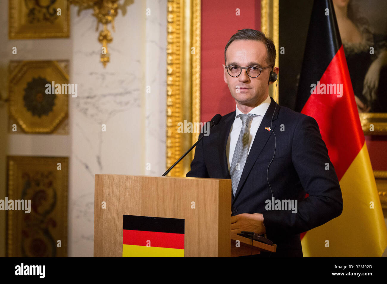 Il Ministro tedesco degli Affari Esteri Heiko Maas durante la conferenza stampa al palazzo di Lazienki a Varsavia in Polonia il 16 marzo 2018 Foto Stock