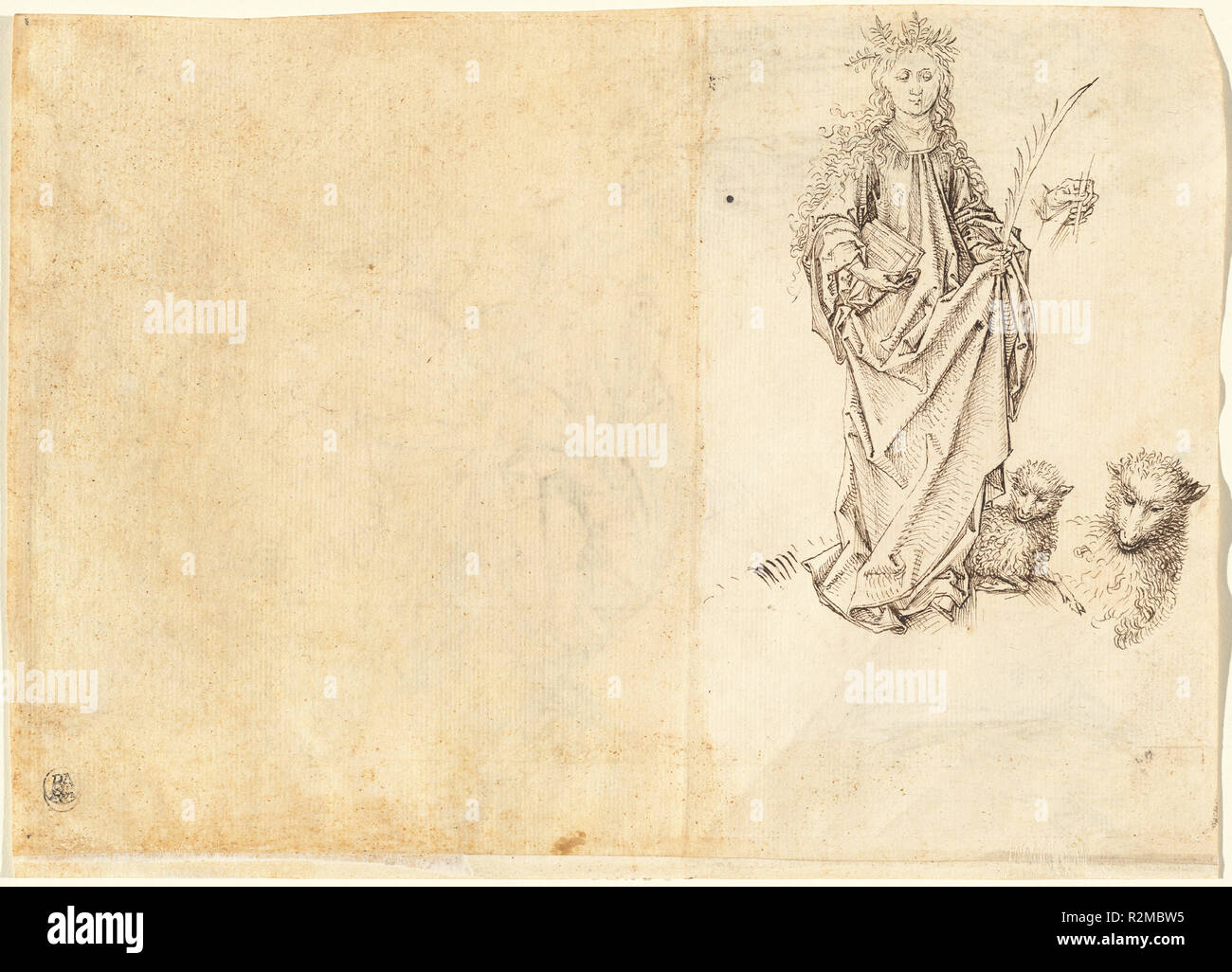 Sant Agnese (verso). Data: 1485/1495. Dimensioni: Altezza: 20,4 × 28,6 cm (8 1/16 × 11 1/4 in.). Medium: Penna e inchiostro bruno su carta vergata. Museo: National Gallery of Art di Washington DC. Autore: Master dei panneggi studi dopo Martin Schongauer. Foto Stock