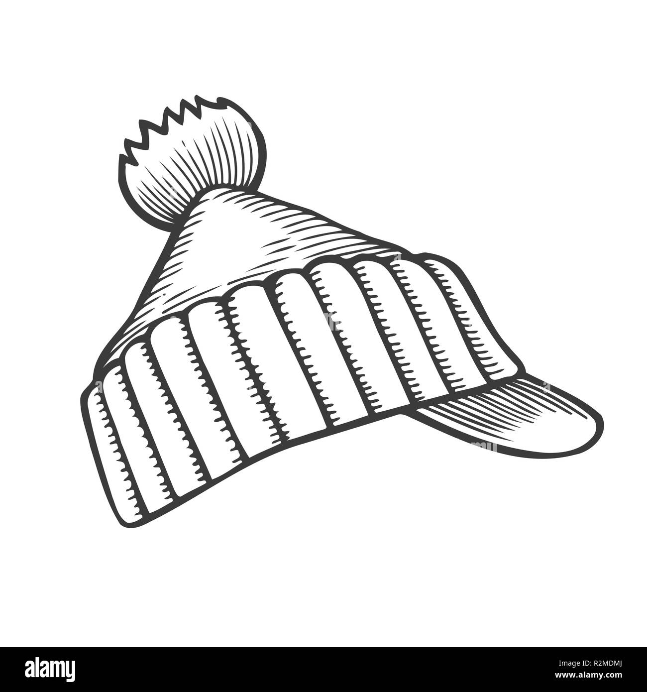 Inverno a maglia con cappuccio pompon, schizzo style illustrazioni  vettoriali isolati su sfondo bianco. Disegnato a mano cappello di lana con  un grande pon pon soffici, inverno Immagine e Vettoriale - Alamy