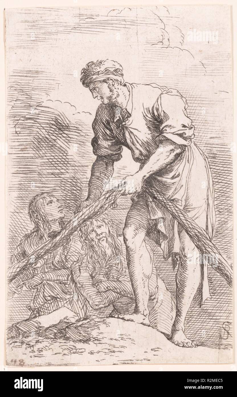 Un uomo tirando una rete con due figure dietro di lui, dalla serie 'figurina'. Artista: Salvator Rosa (italiano, Arenella (Napoli) Roma 1615-1673). Dimensioni: foglio: 5 9/16 x 3 9/16 in. (14,1 × 9 cm). Data: ca. 1656-1657. Museo: Metropolitan Museum of Art di New York, Stati Uniti d'America. Foto Stock