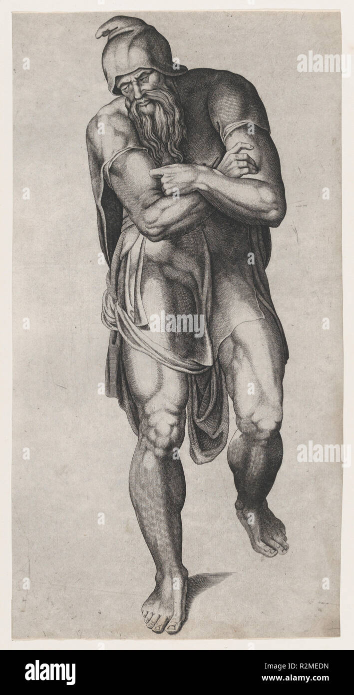 Giuseppe di Arimatea, dopo Michelangelo affresco della Crocifissione nella Cappella Paolina, Vaticano. Artista: dopo Michelangelo Buonarroti (italiano, Caprese 1475-1564 Roma); Nicolas Beatrizet (francese, Lunéville 1515-ca. 1566 Roma (?). Dimensioni: Foglio (rifilati): 13 9/16 x 7 1/16 in. (34,4 × 18 cm). Data: 1540-66. Museo: Metropolitan Museum of Art di New York, Stati Uniti d'America. Foto Stock