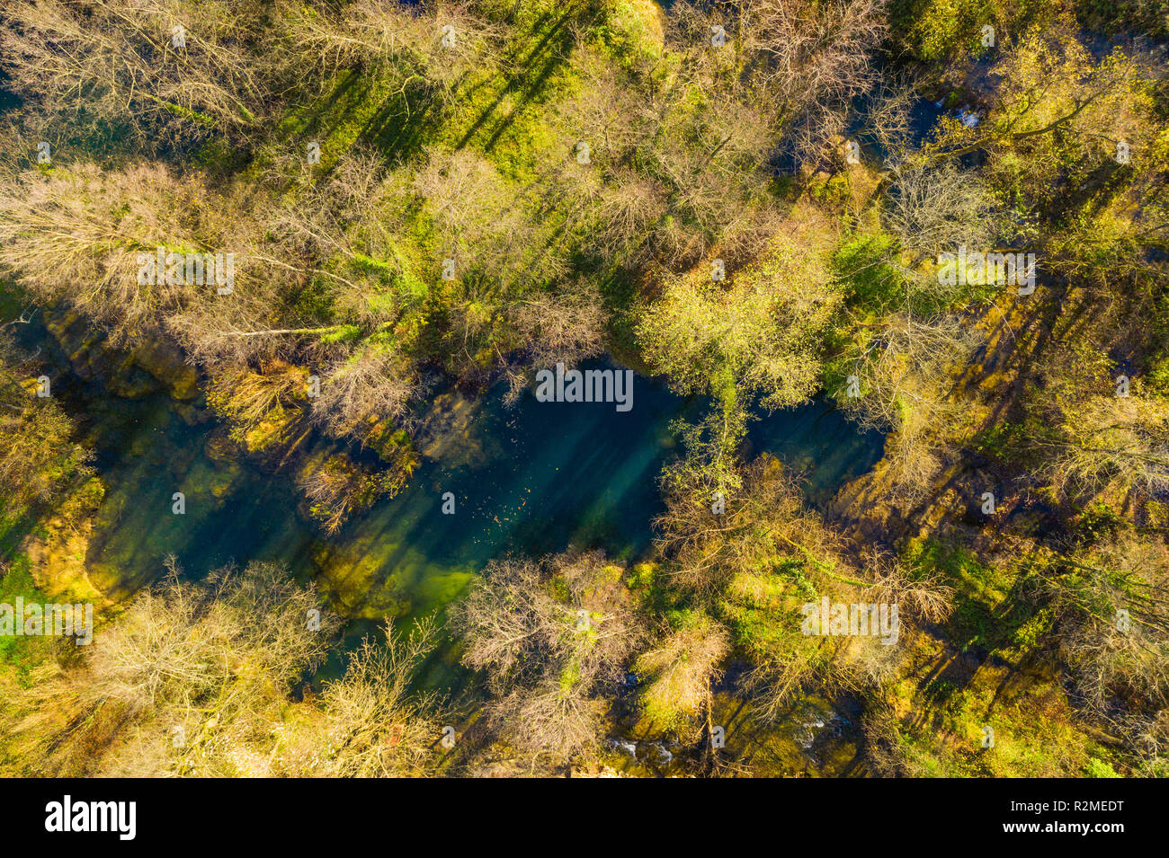 Fiume Mreznica in Croazia da aria, drone shoot, vista dall'alto in basso, Karlovac county, natura verde, legno e cascate in autunno Foto Stock
