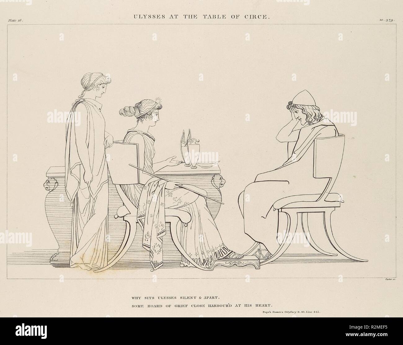 Ulisse al tavolo di Circe (l'Odissea di Omero). Artista: Dopo John Flaxman (British, York 1755-1826 Londra). Dimensioni: testo e immagine: 7 11/16 × 10 1/4 in. (19,5 × 26,1 cm). Incisore: James Parker (British, Londra Londra 1750-1805). Pubblicato in: Londra. Editore: John e Arthur Arch (Londra); Jane Matthews (Londra); William Miller (Londra); Longman, Hurst, Rees, Orme e marrone (Londra). Oggetto del libro: Omero (Greco, attivo xiii o VIII secolo a.e.v.); Eschilo (Greco, ca. 525 A.C.-ca. 455 A.C. Gela); Hesiod (Greco, active ca. 700 BCE). Data: 1805. Flaxman, migliori British Foto Stock