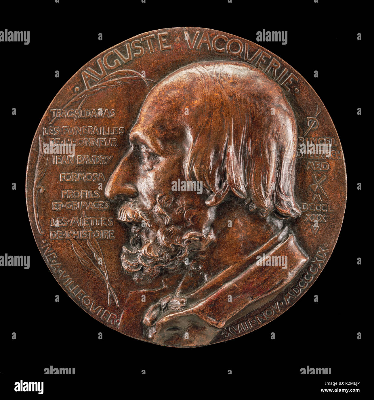 Auguste Vacquerie, 1819-1895, scrittore e critico. Data: 1885. Dimensioni: complessiva (diametro): 17,8 cm (7 in.). Medium: bronzo. Museo: National Gallery of Art di Washington DC. Autore: Jean Désiré Ringel d'Illzach. Foto Stock