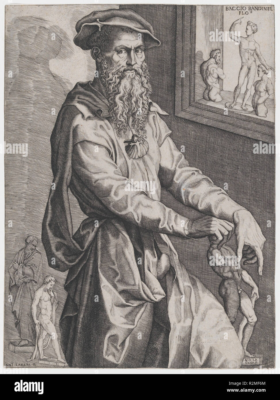 Ritratto di Baccio Bandinelli. Artista: Niccolò della Casa (francese, Active Italia, ca. 1543-48); dopo Baccio Bandinelli (italiano, Gaiole in Chianti Firenze 1493-1560). Dimensioni: Foglio (rifilati): 11 9/16 × 8 11/16 in. (29,4 cm × 22 cm). Data: ca. 1544-47. Auto-proclamato rivale di Michelangelo e fiero antagonista di molti dei suoi compagni di artisti, scultore fiorentino Baccio Bandinelli è qui raffigurato nella sua profumatamente attrezzati studio, circondato da opere dalla sua mano e sportivi con orgoglio la shell e la croce insegne dell'Ordine cavalleresco di San Giacomo. Presumibilmente realizzato presso l'artista essere Foto Stock