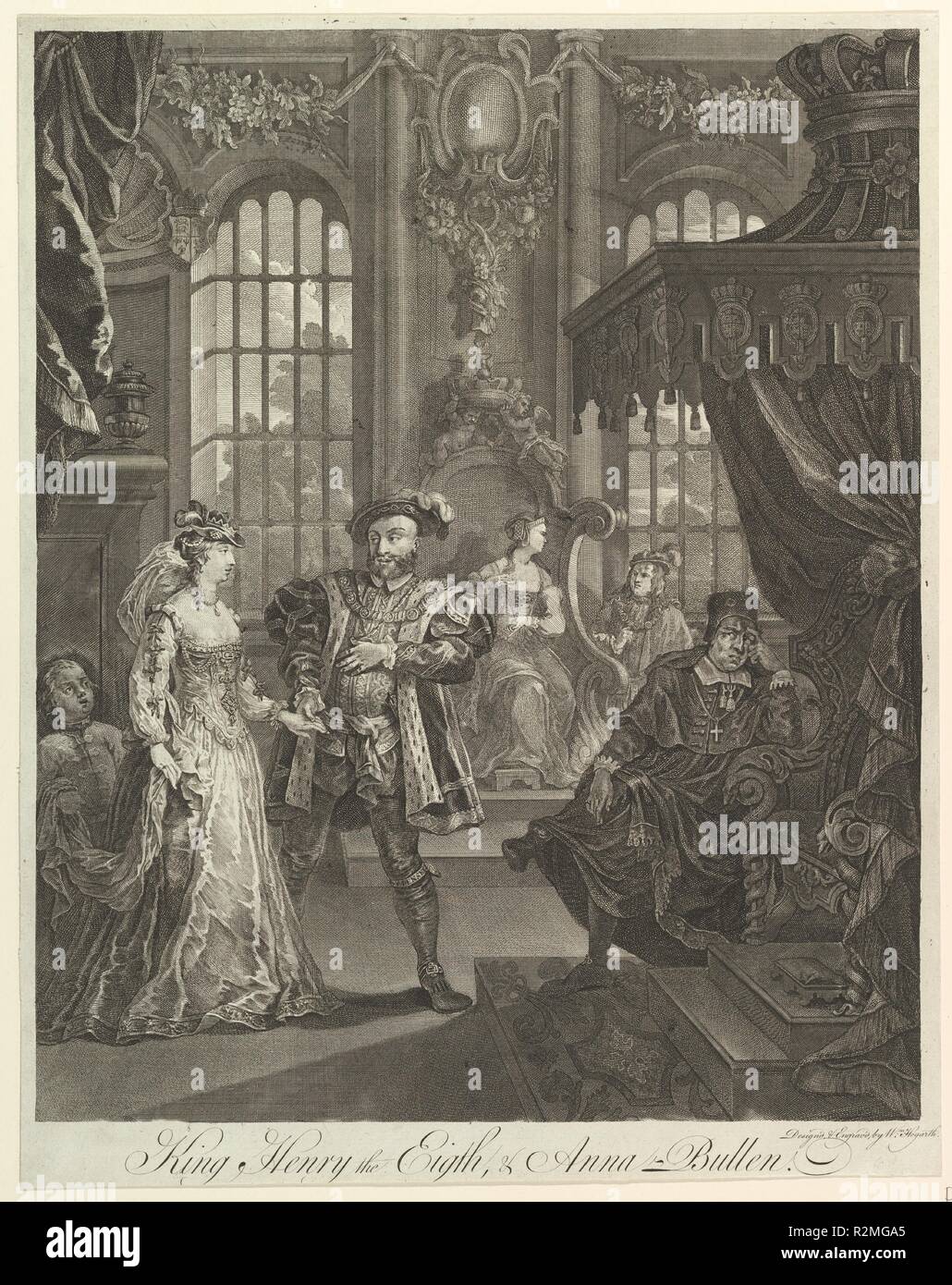 Il re Enrico VIII e Anna Bullen. Artista: William Hogarth (British, Londra Londra 1697-1764). Dimensioni: foglio: 18 9/16 x 14 11/16 in. (47,1 x 37,3 cm). Sitter: Henry VIII, re di Inghilterra e Irlanda (British, Londra 1491-1547 Londra); Anne Boleyn (British, ca. 1500-1536); il Cardinale Thomas Wolsey (British, 1471/1475-1530). Oggetto: William Shakespeare (British, Stratford-upon-Avon 1564-1616 Stratford-upon-Avon). Data: ca. 1728. Museo: Metropolitan Museum of Art di New York, Stati Uniti d'America. Autore: William Hogarth. Dopo William Hogarth. Foto Stock