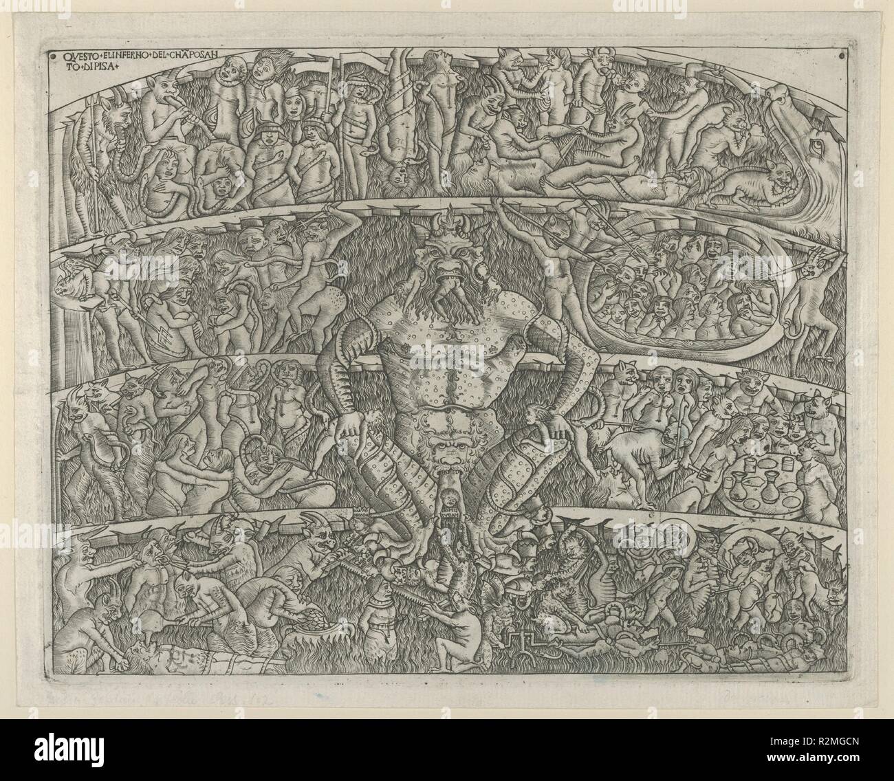 L'Inferno secondo Dante; nel centro Lucifero che detiene dannati e nella sua talons " Seven Kings, circondato da dannati torturati dai diavoli, dopo un affresco nel Campo Santo, Pisa. Artista: Cerchio di Baccio Baldini (italiano, Firenze 1436?-?1487); dopo Francesco Traini (italiano, attivo ca. 1321-45); precedentemente pensato per essere dopo di Andrea di Cione Arcangelo (Orcagna) (italiano, Firenze 1315/20-1368 Firenze). Dimensioni: foglio: 9 9/16 × 11 13/16 in. (24,3 × 30 cm) Piastra: 8 7/8 × 11 1/4 in. (22,5 × 28,5 cm.). Data: ca. 1460-80. Museo: Metropolitan Museum of Art di New York, Stati Uniti d'America. Foto Stock