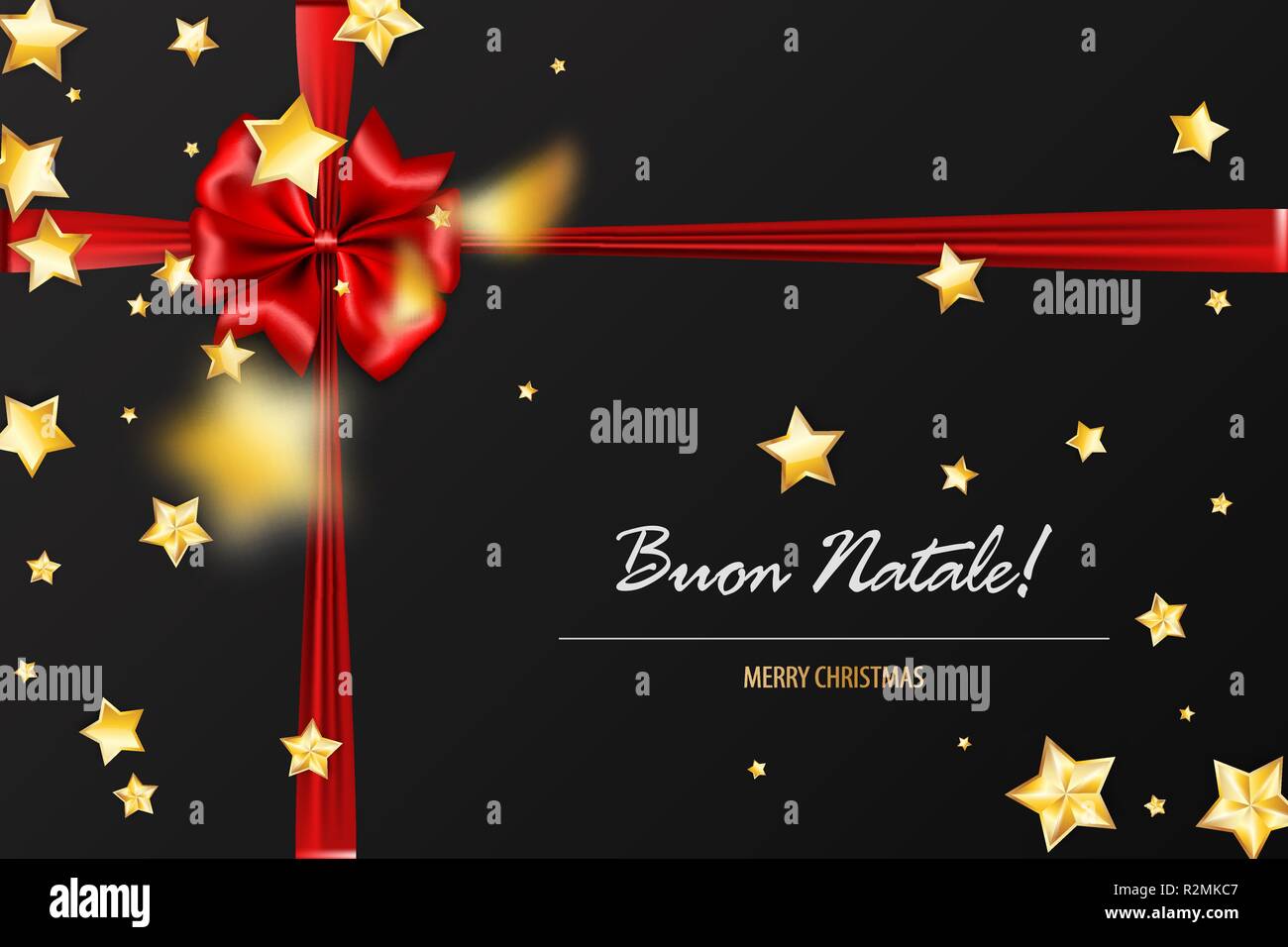 Buon Natale - Buon Natale saluti italiano. Vacanza di Natale regalo rossa  silk bow. Xmas decor tessile. Realistiche in 3D illustrazione vettoriale.  Stella d'oro Immagine e Vettoriale - Alamy