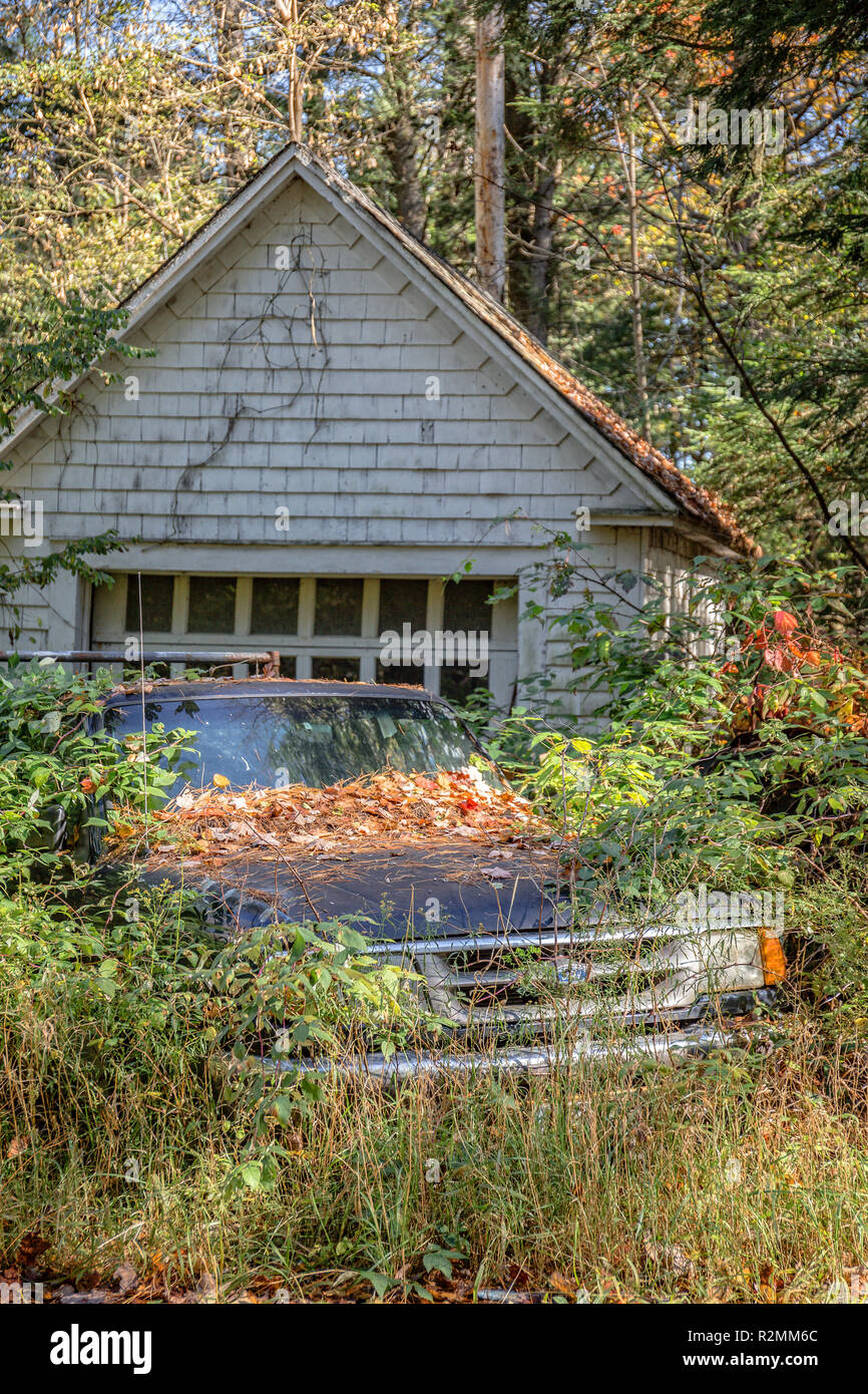 Un vecchio vintage auto perso nelle erbacce accanto a un vecchio garage in legno. Foto Stock