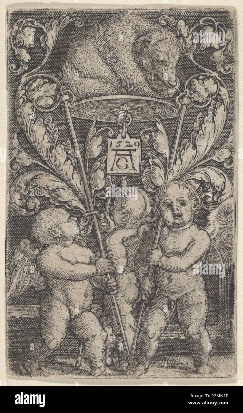 Pannello verticale con tre ragazzi alati che trasportano un orso su un vassoio. Artista: Heinrich Aldegrever (tedesco, Paderborn ca. 1502-1555/1561 Soest). Dimensioni: foglio: 2 1/2 x 1 5/8 in. (6,4 × 4,1 cm). Data: 1529. Disegno ornamentale con tre bambini alati o putti holding pali di sostegno di un vassoio con un orso seduto. L'orso è rivolta verso destra con la sua zampa sinistra nella sua bocca. Una lapide recante la data e l'artista della monogram pende dal lato inferiore del vassoio. Museo: Metropolitan Museum of Art di New York, Stati Uniti d'America. Foto Stock