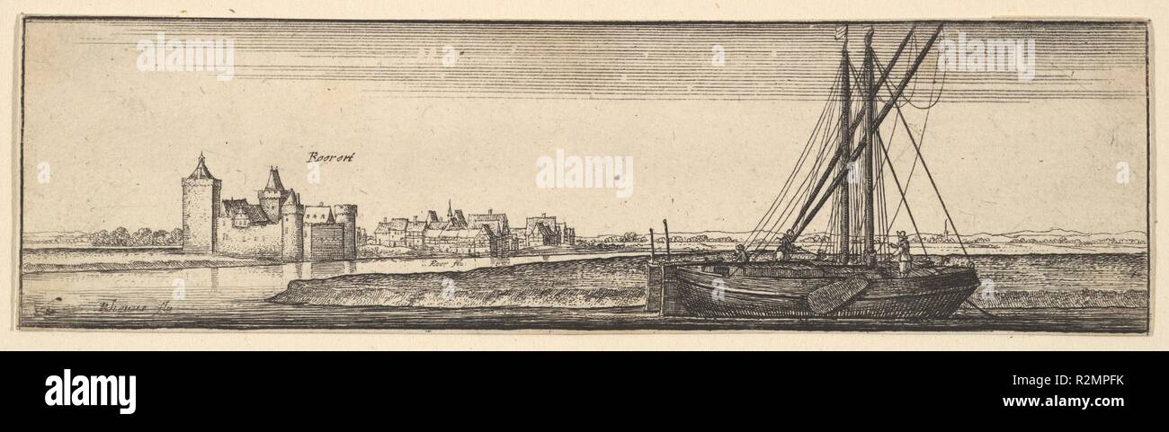 Ruhrort. Artista: Wenceslaus Hollar (boemo, Praga 1607-1677 Londra). Dimensioni: foglio: 1 3/4 × 6 7/16 in. (4,5 x 16,4 cm). Serie/Portfolio: vedute sul fiume della Germania e dei Paesi Bassi, set di 12. Data: 1642-44. Vista del castello e delle case di Ruhrort sulla riva sinistra del serpeggiante fiume Reno; le figure in una barca in primo piano. Uno di una serie di 12 viste in Germania, precedentemente in un album, ora disbound. Secondo Vertue, queste stampe sulla base di disegni realizzati nel 1632 quando Hollar fece un viaggio sul Reno da Colonia. Museo: Metropolitan Museum of Art di New York, Stati Uniti d'America. Foto Stock