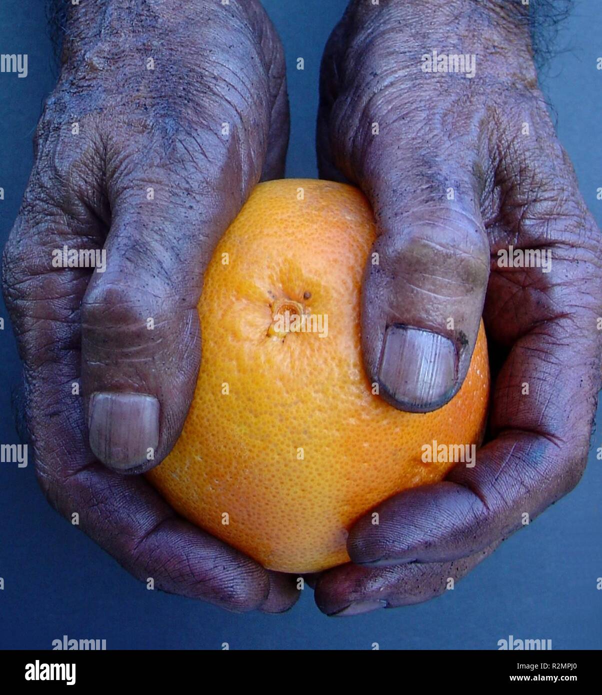 Mani con arancia Foto Stock