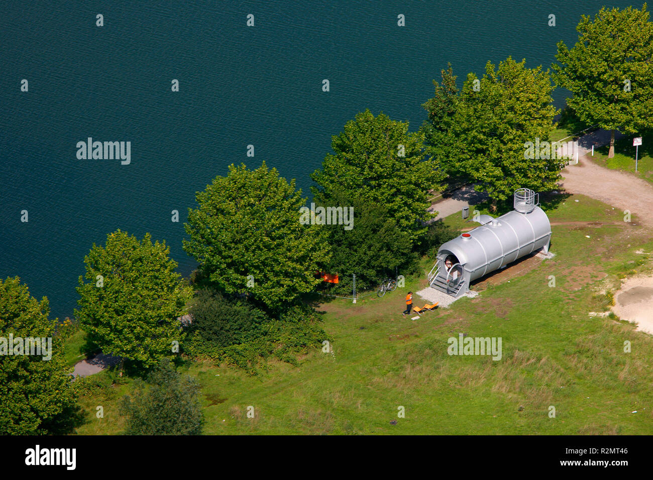 Vista aerea, Emscher Arte, Mark Dion Stazione di ricerca società di ornitologi dilettanti, Herne, Emscherkunst.2010, opere d'arte all'Emscher, la zona della Ruhr, Renania settentrionale-Vestfalia, Germania, Europa Foto Stock