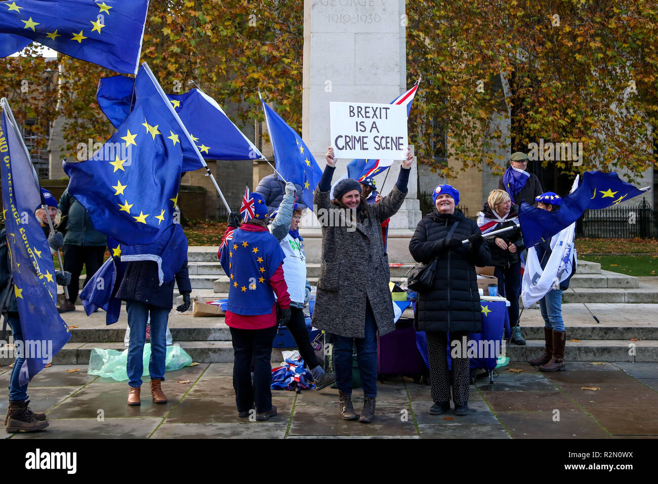 Pro-UE manifestanti da SODEM (Stand a dispetto Movimento Europeo) dimostrano al di fuori del Palazzo di Westminster a Londra centrale davanti alla settimana cruciale dei negoziati Brexit come Primo Ministro Theresa Maggio si prepara a incontrare il capo negoziatore Michel Barnier alla fine di questa settimana per discutere il ritiro della trattativa. Foto Stock