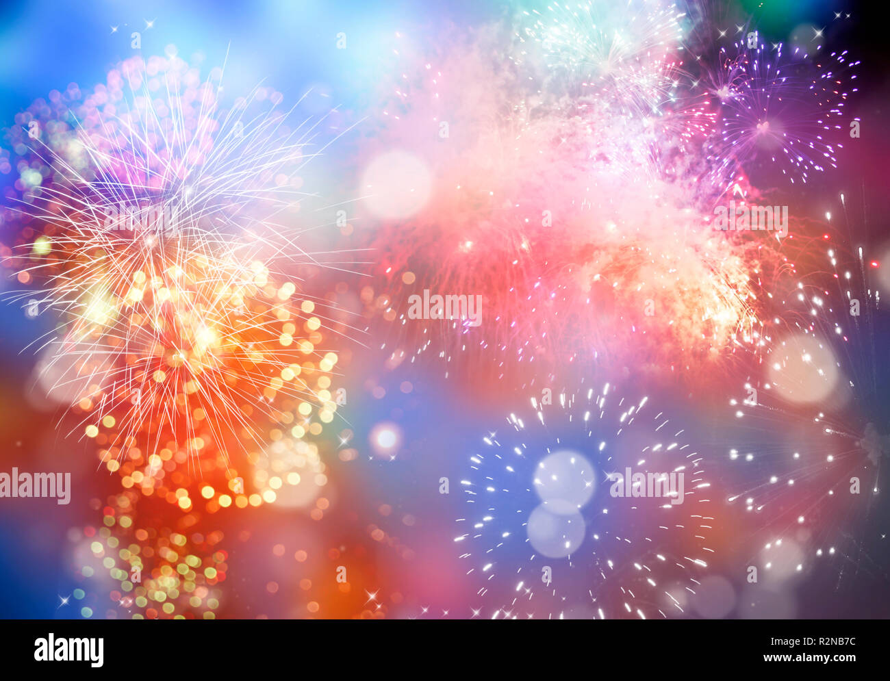 Fuochi d'artificio di Nuovo Anno e spazio copia - abstract sfondo per le vacanze Foto Stock