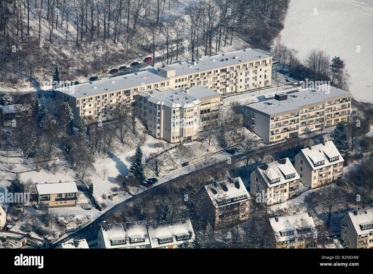 Vista aerea, neve invernale, Meschede, Renania settentrionale-Vestfalia, Germania, Europa Foto Stock