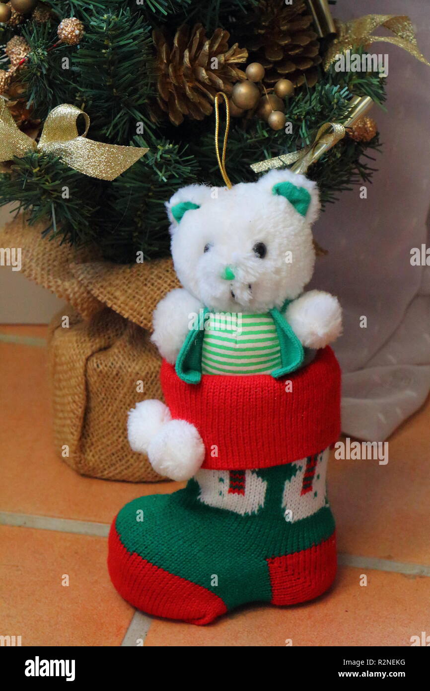 Orsacchiotto di peluche in una calza di lana e albero di Natale Foto Stock