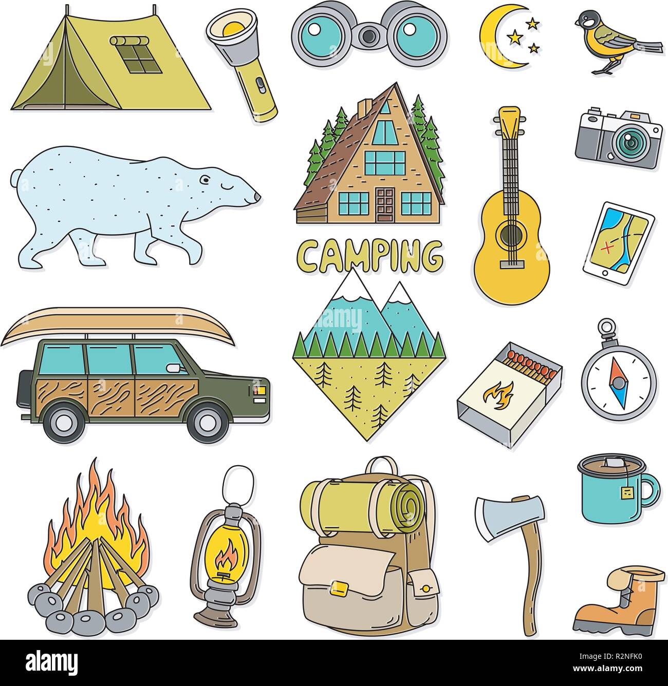 Set di carino camping elementi. Attrezzatura in foresta. Adesivi, doodle perni, patch. Campfire montagna bussola Mappa Bear tenda zaino auto chitarra. simboli di viaggio. Illustrazione Vettoriale