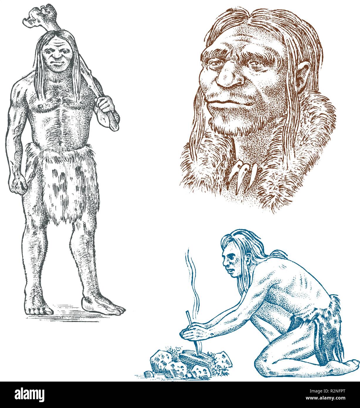 Le popolazioni primitive. Periodo preistorico, antiche tribù, grotta barbaro l'uomo. Mano bozzetto. Inciso illustrazione monocromatica. Illustrazione Vettoriale