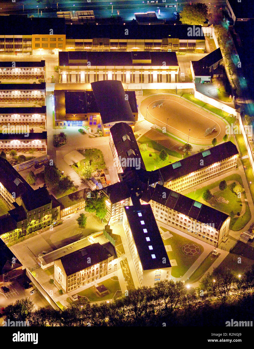Vista aerea, Night Shot, prigione Krümmede, Bochum, la zona della Ruhr, Renania settentrionale-Vestfalia, Germania, Europa Foto Stock