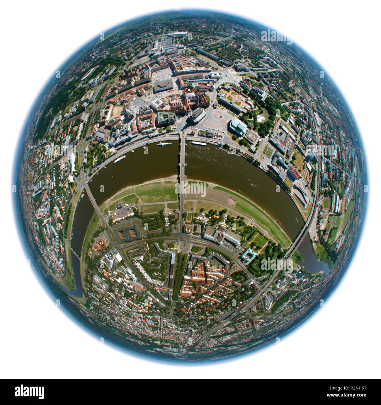 La Frauenkirche, Zwinger, Taschenbergpalais, Semperoper di Dresda, Cattedrale, Hilton Dresden, Kulturpalast, Elba shore, ELBA Elba loop, vista aerea, Ponte di Augusto, Dresda, Sassonia, Germania, Europa, fisheye, obiettivo fisheye, rotondo Foto Stock