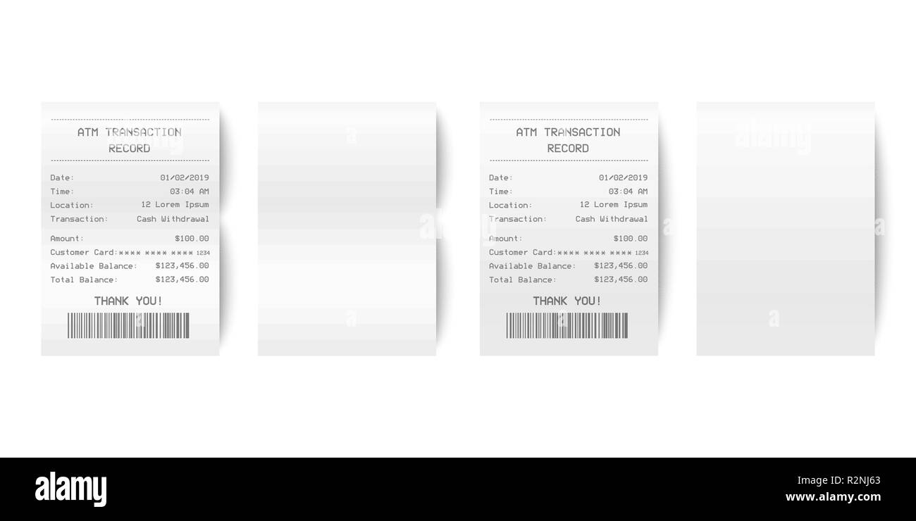 Vettore 3d realistiche di carta stampata delle transazioni ATM ricevuta di registrazione impostato Closeup isolati su sfondo bianco. Modello di progetto di Bill ATM, ricevimento record, carta di controllo finanziario per mockup. Vista superiore Illustrazione Vettoriale