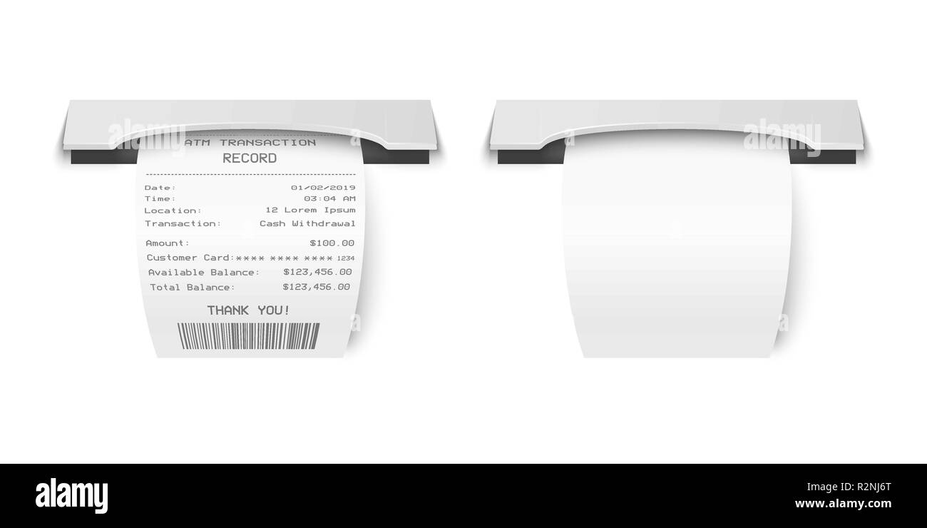 Vettore 3d realistiche di carta stampata delle transazioni ATM ricevuta di registrazione impostato Closeup isolati su sfondo bianco. Modello di progetto di Bill ATM, ricevimento record, carta di controllo finanziario per mockup. Vista superiore Illustrazione Vettoriale