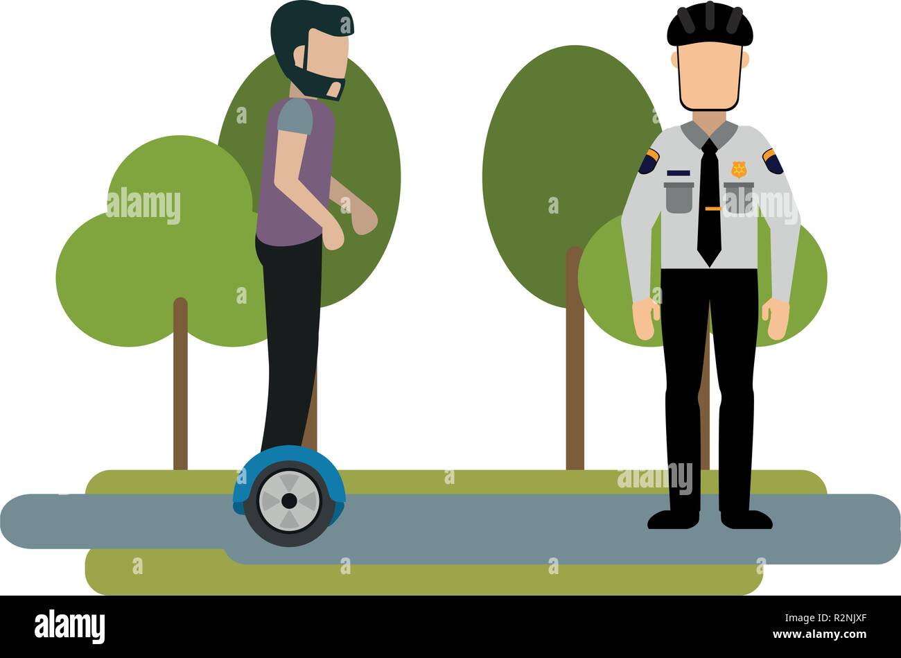 L uomo e il funzionario di polizia con hoverboard ar scenario del parco  illustrazione vettoriale graphic design Immagine e Vettoriale - Alamy