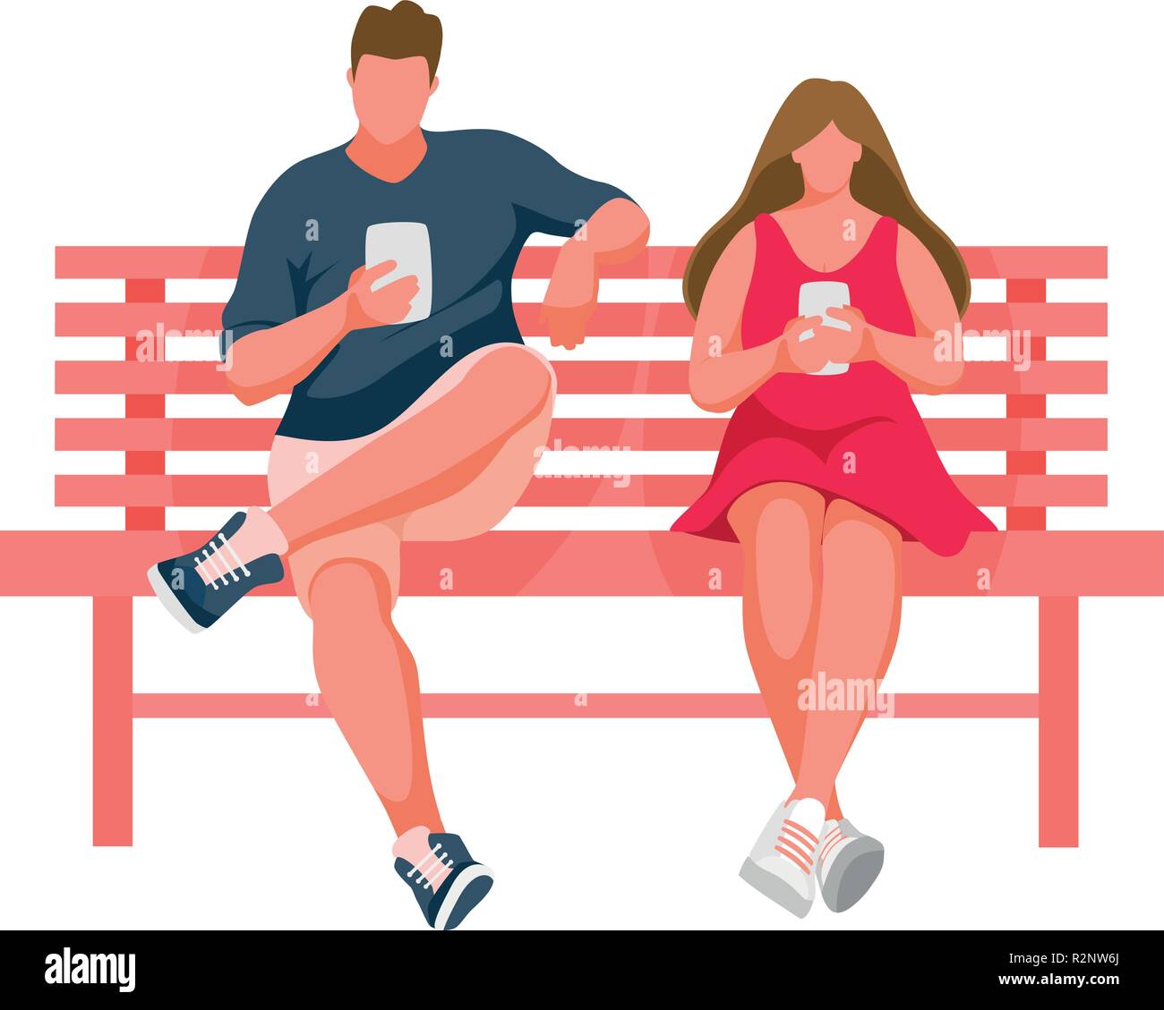 L uomo e la ragazza seduta su una panchina. Donna usa il telefono cellulare. Guy utilizza il telefono cellulare. Illustrazione Vettoriale Illustrazione Vettoriale
