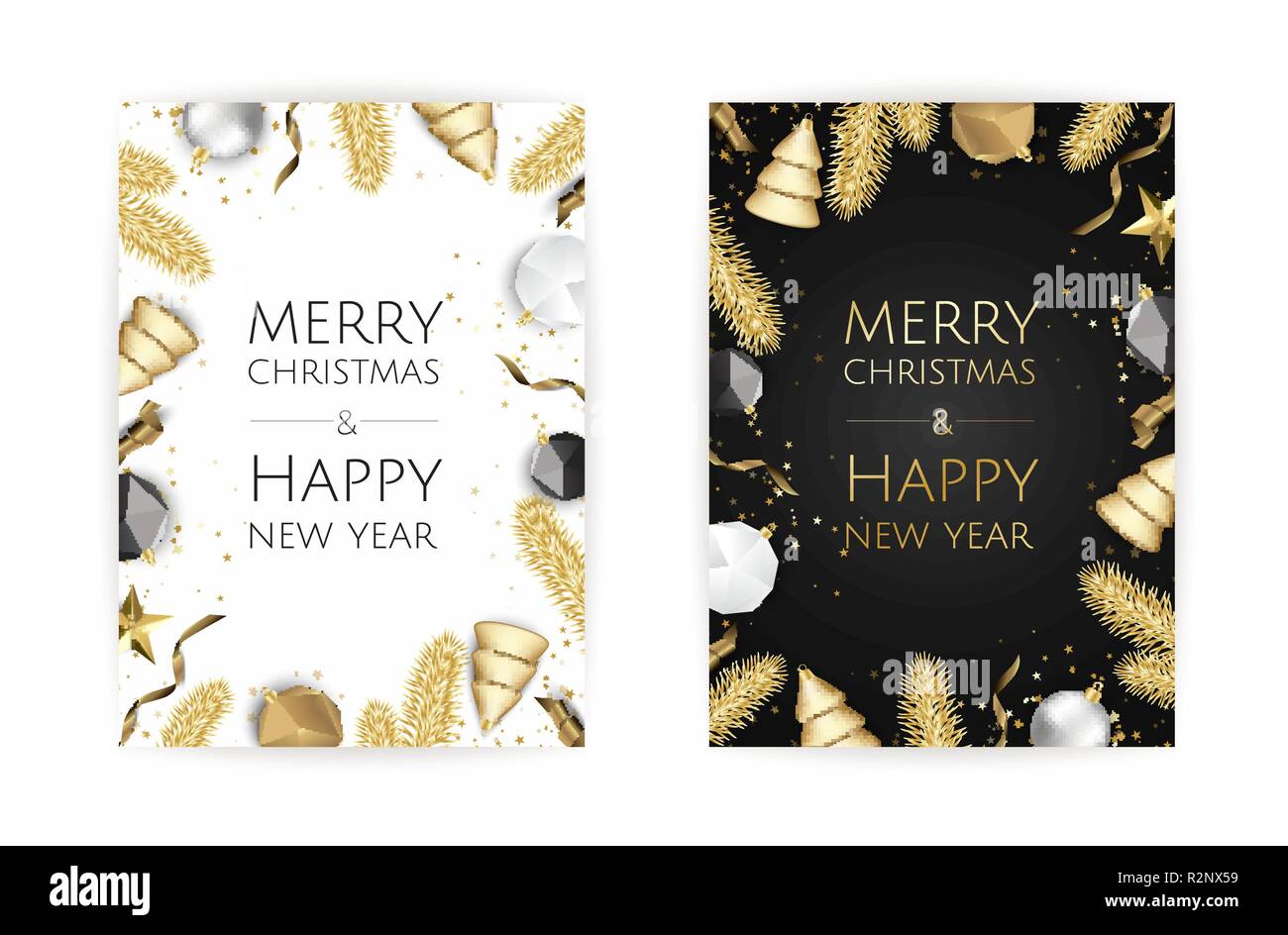 Natale sfondo luminoso con golden decorazioni di Natale. Merry Christmas greeting card Illustrazione Vettoriale