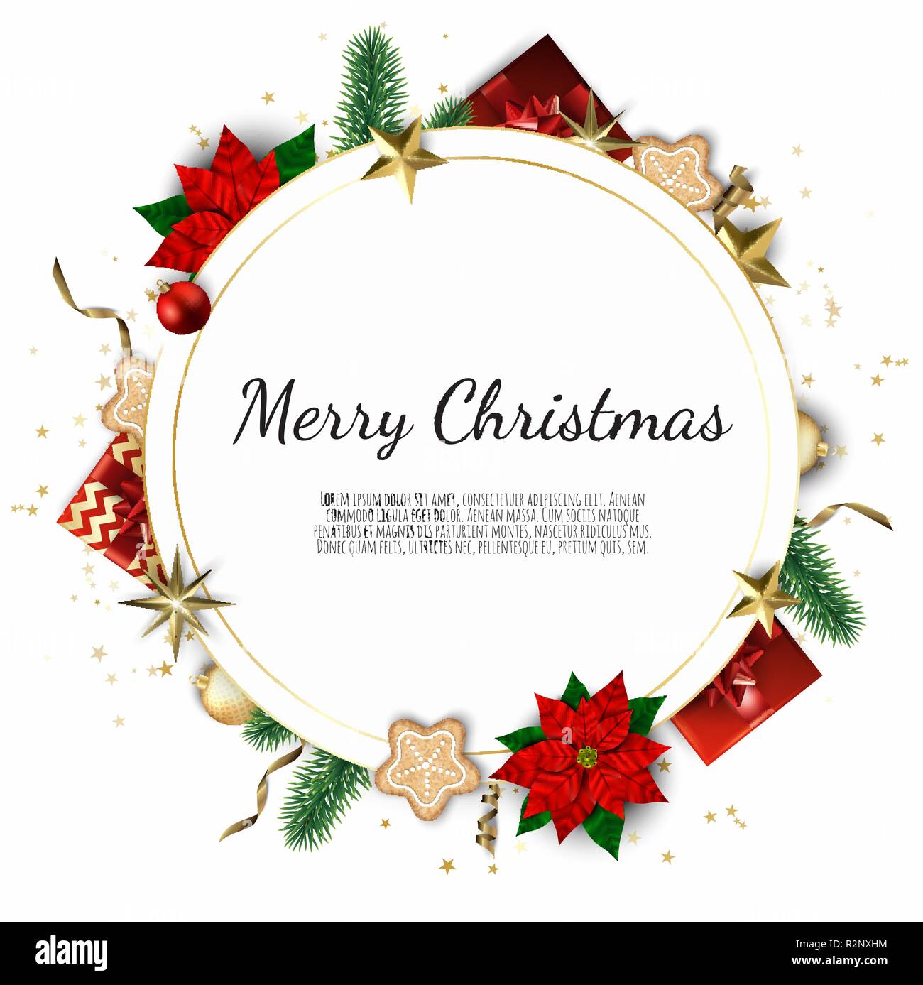 Natale sfondo luminoso con golden decorazioni di Natale. Merry Christmas greeting card Illustrazione Vettoriale