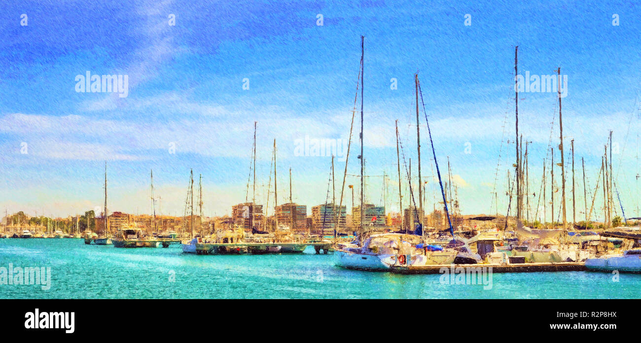 Yacht e Barche parcheggiato al molo in Port Marina di Torrevieja. Bay con pontili nel centro della località di villeggiatura. Torrevieja, Spagna. Puerto deportivo Marina Salinas, Valencia, Spagna. Foto Illustrazione stilizzata Foto Stock