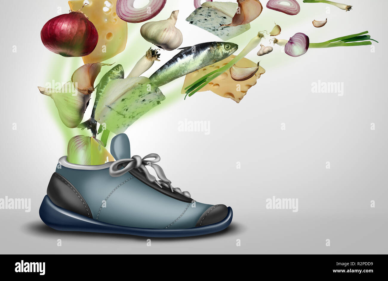 Puzzolente scarpa come una sporca stinky sudate sneaker o calzature con piedi o puzzolente sudore piedi con 3D'illustrazione degli elementi. Foto Stock