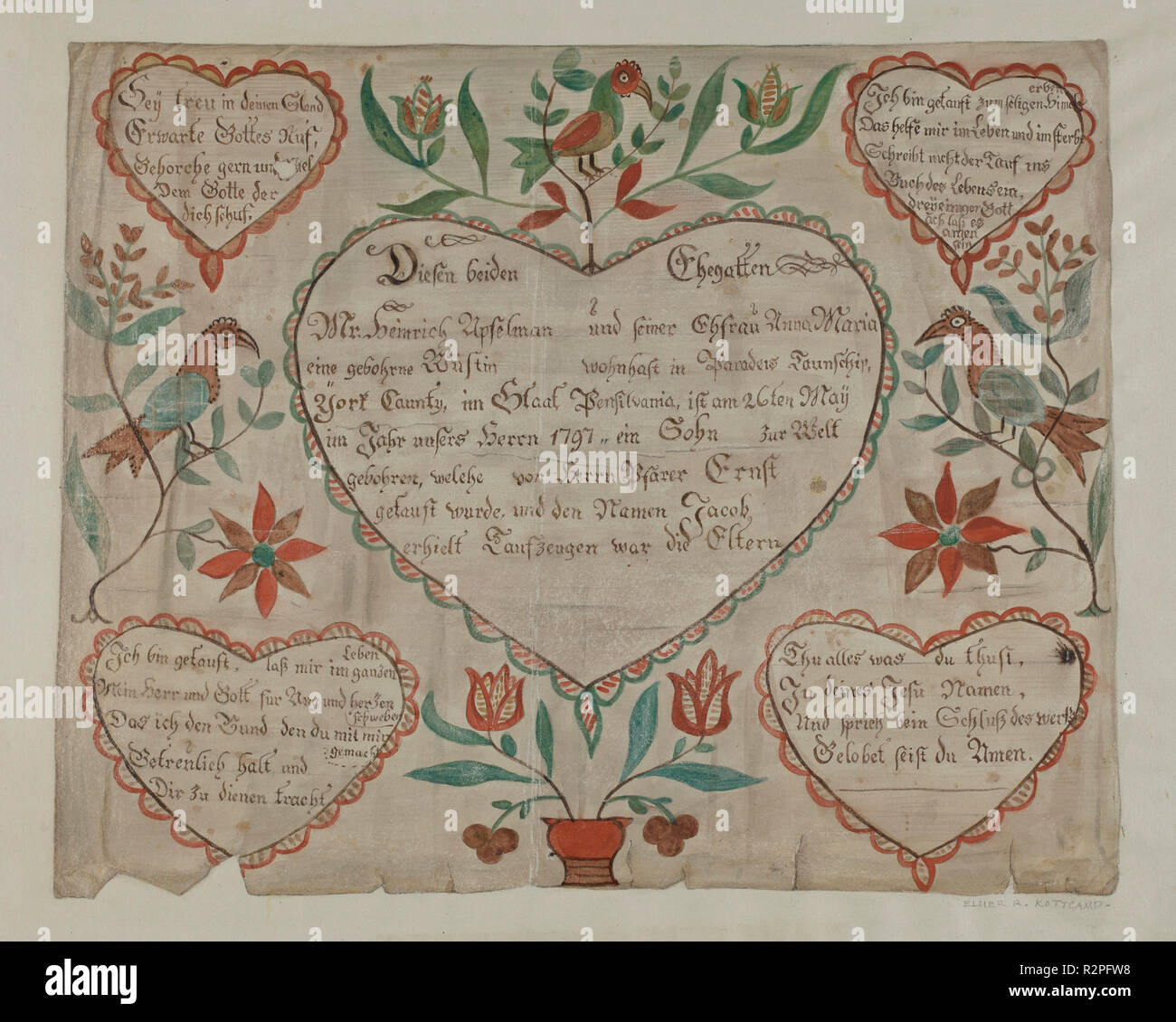 Pa. tedesco la nascita e il certificato di battesimo. Data: c. 1940. Dimensioni: complessivo: 36,7 x 45,7 cm (14 7/16 x 18 in.). Medium: acquerello, matita colorata, e grafite su carta. Museo: National Gallery of Art di Washington DC. Autore: Elmer R. Kottcamp. Foto Stock